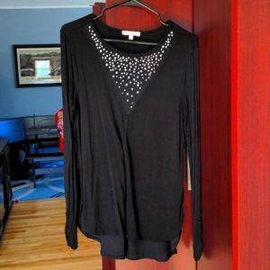 Dressy cute long sleeve shirt with silver stud neck detail high low